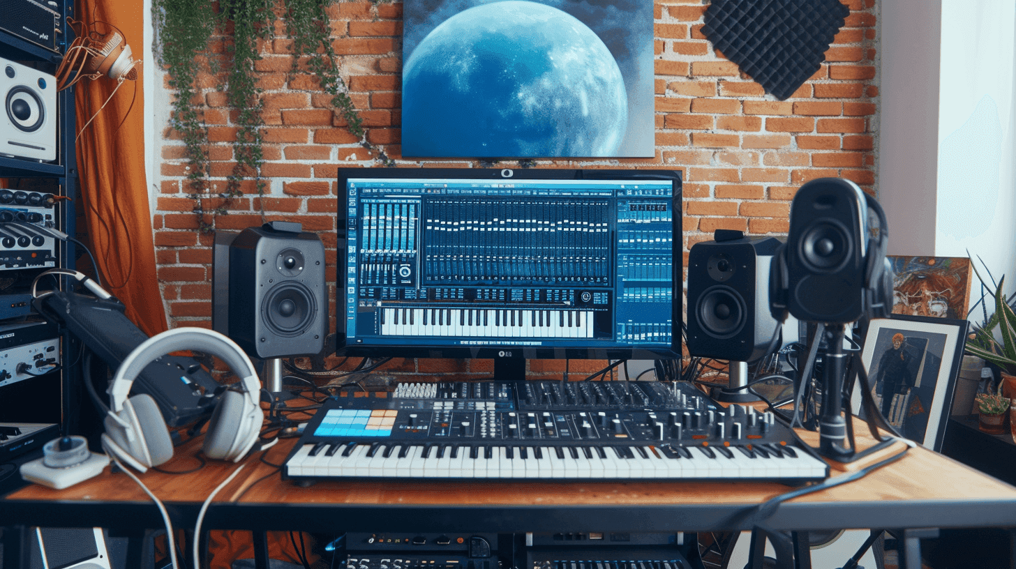 Studio setup with a desktop computer and speakers