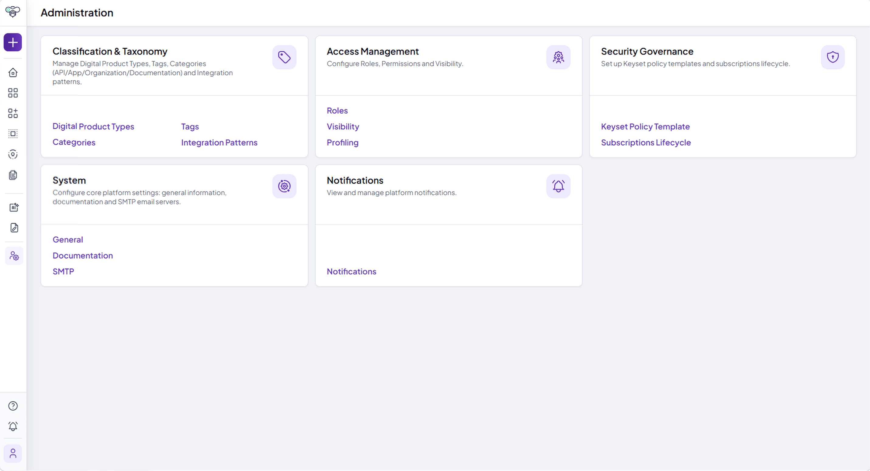 Administration panel with classification, access management, security governance, system and notification settings