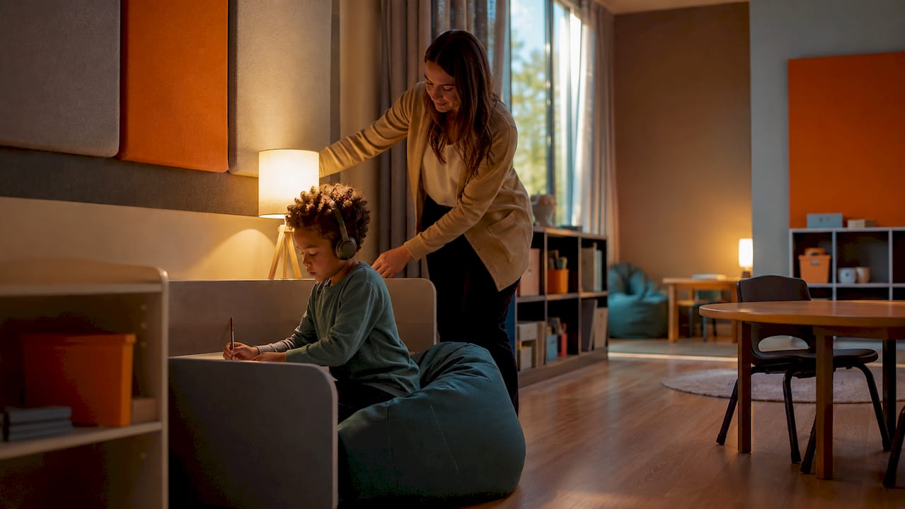 An adult helping a child wearing noise-reducing headphones at a desk in a calm, sensory-friendly room