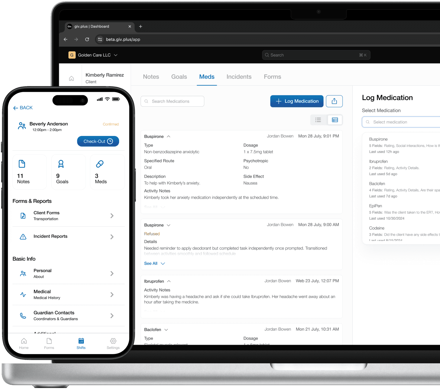 Client charting on phone and computer.