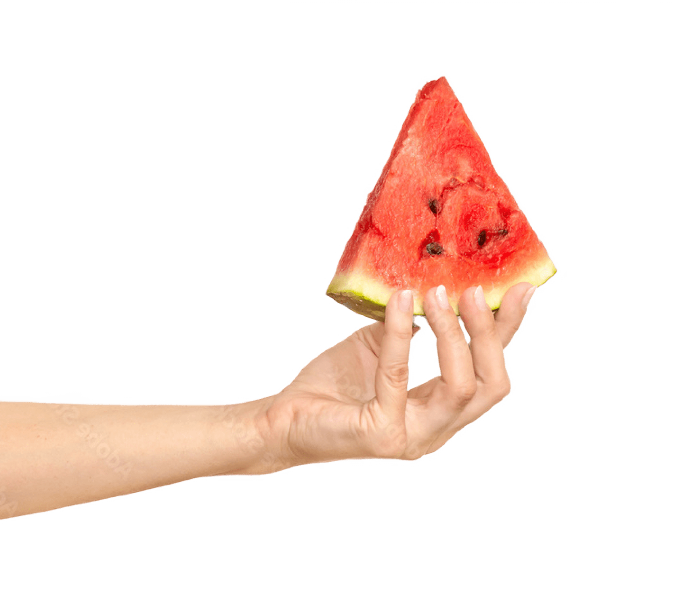 Mão segurando fatia de melancia vermelha com fundo transparente – imagem PNG sem fundo