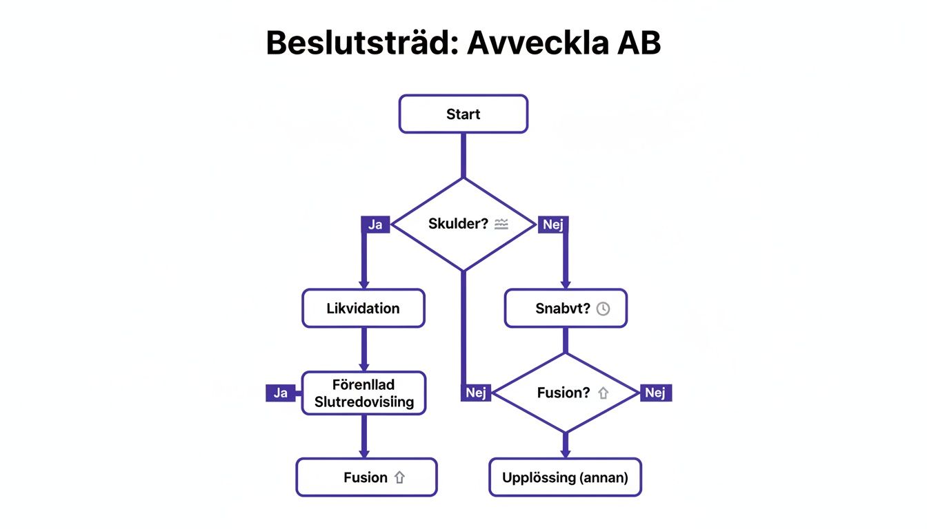 Ett beslutsträd som beskriver olika processer för att avveckla ett aktiebolag, baserat på skulder, tidsaspekt och eventuell fusion.