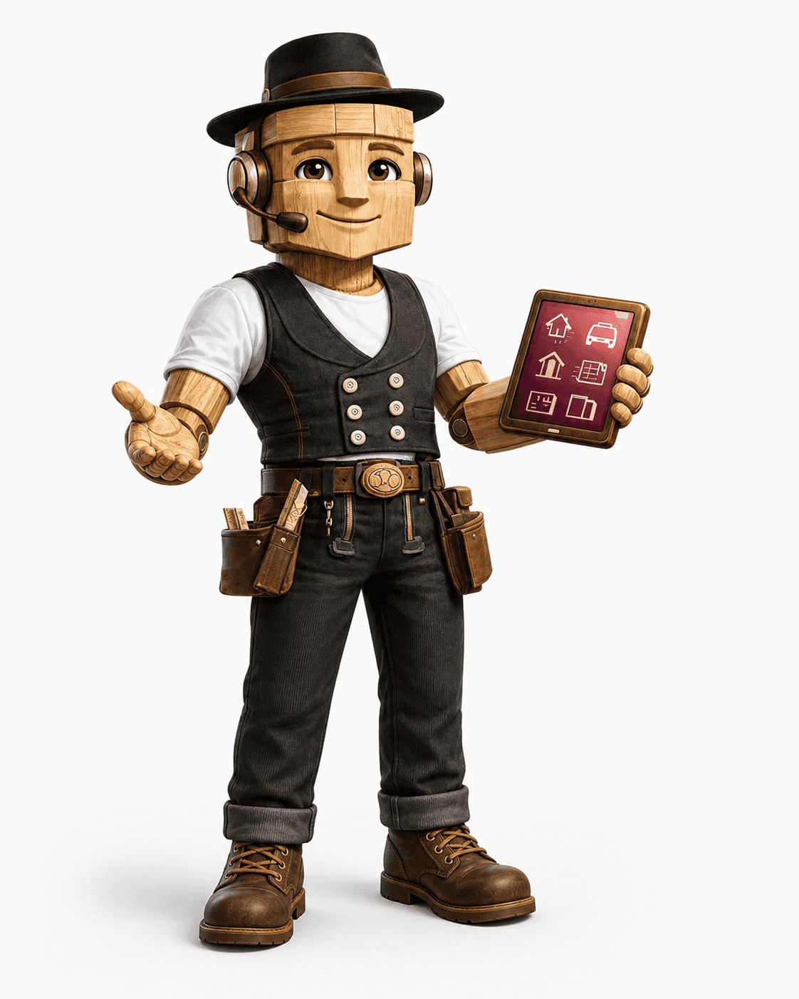Woody, der digitale Wohnbegleiter von Enerquent, mit Tablet und freundlicher Beratungsgeste