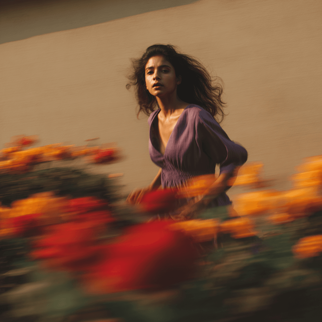 Women with flowers running motion blur 