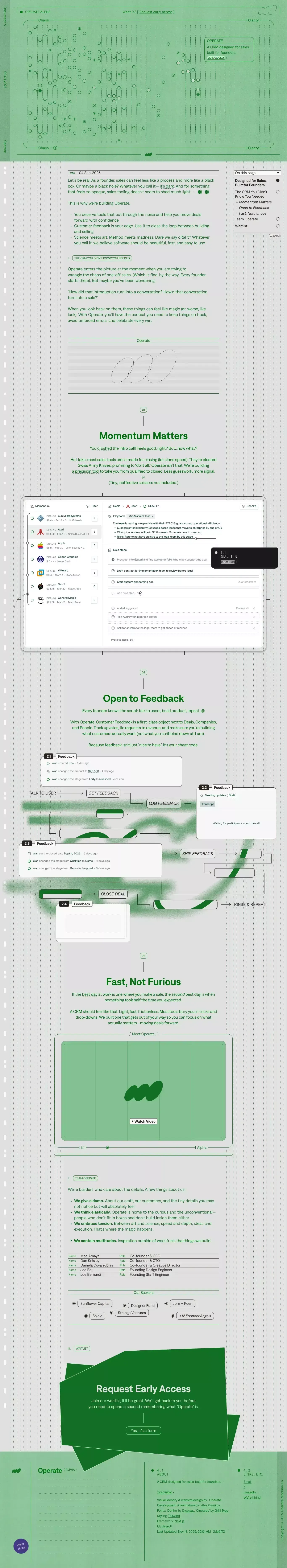 Operate landing page screenshot showcasing Tech design