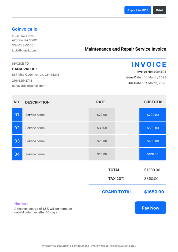 Maintenance and Repair Service Invoice