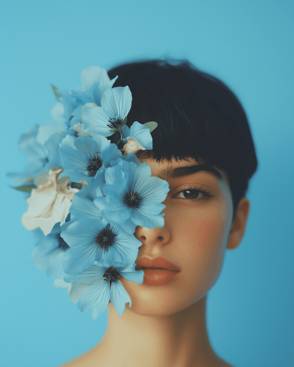 Portrait of a woman with short dark hair, partially covered by blue flowers, against a matching blue background.