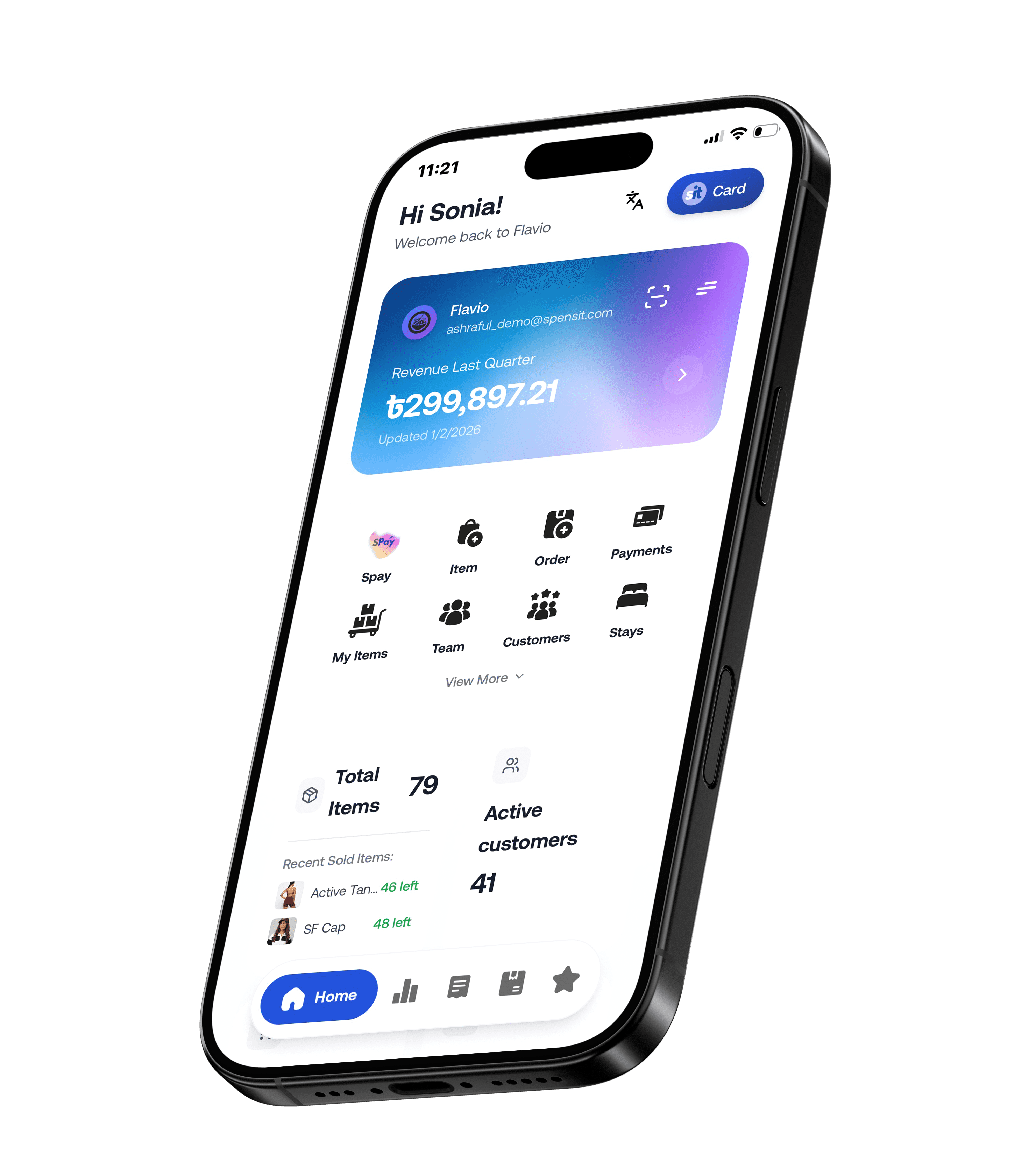 Spensit Mobile App Dashboard showing All-in-One Business Management, Inventory Tracking, and Automated Invoicing on iPhone