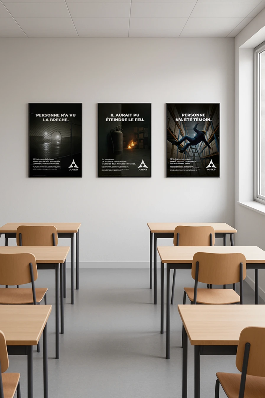 Triptyque d affiches de sensibilisation AniKit accrochees dans une salle de formation illustrant cambriolage incendie et travailleur isole.