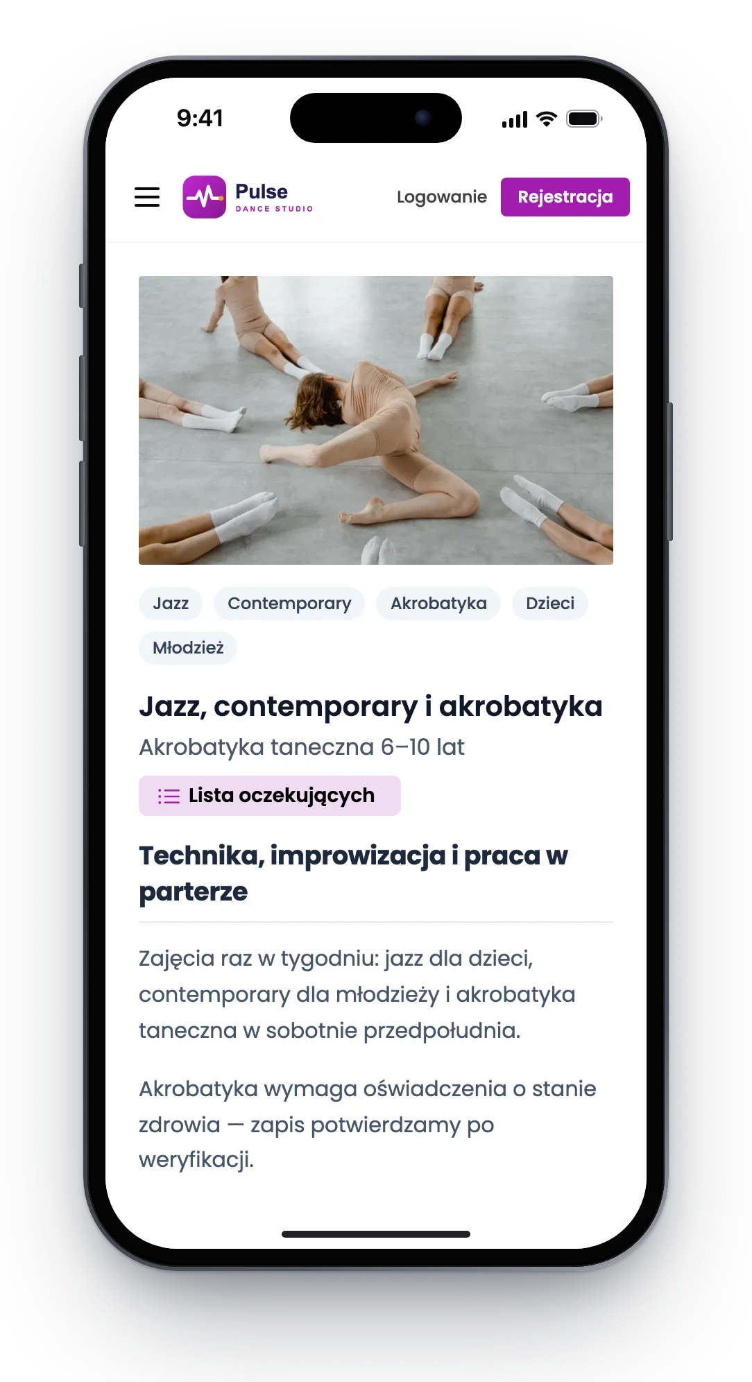 Telefon ze stroną pełnej grupy akrobatyki z plakietką lista oczekujących