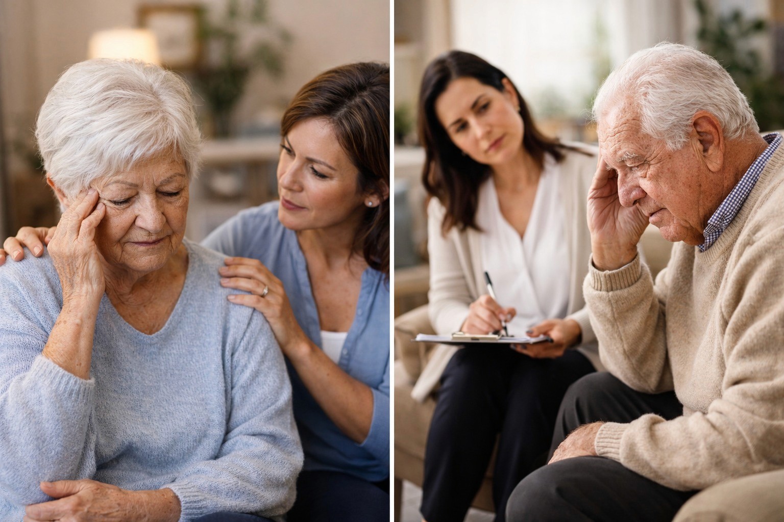 adulto mayor conversando con profesional de salud en su hogar recibiendo apoyo emocional y atención psicológica domiciliaria