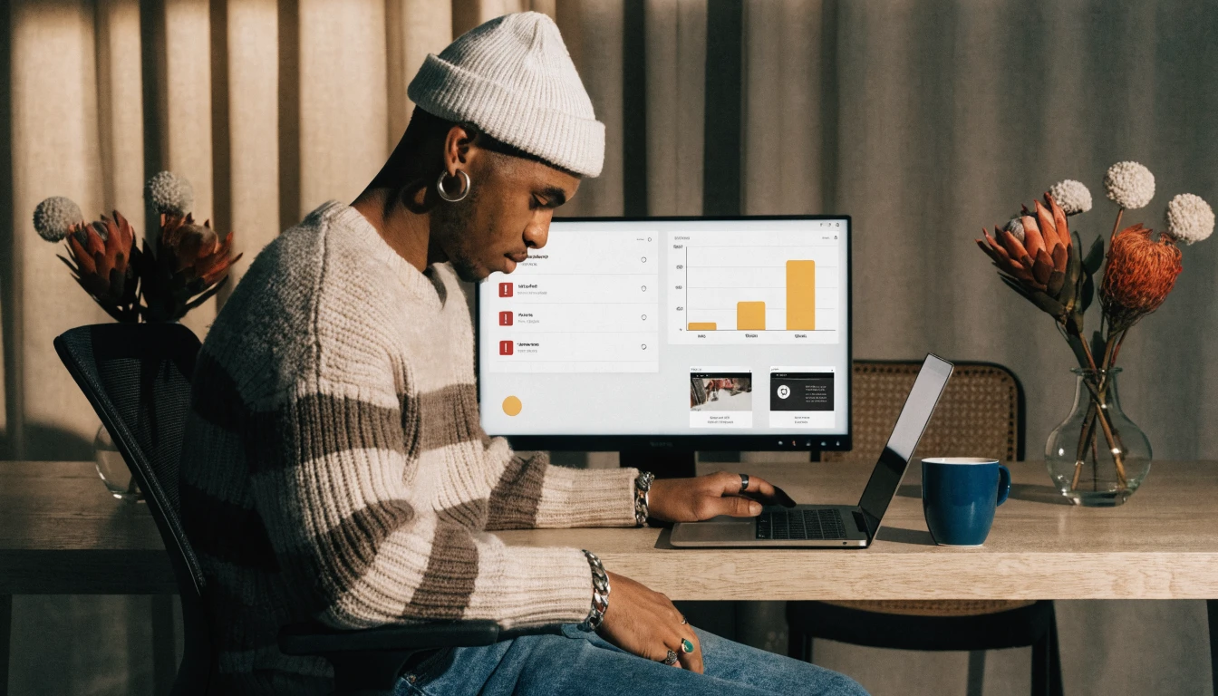 a business owner reviewing a dashboard with missed-lead notifications and a cost comparison between cheap AI site and specialist rebuild