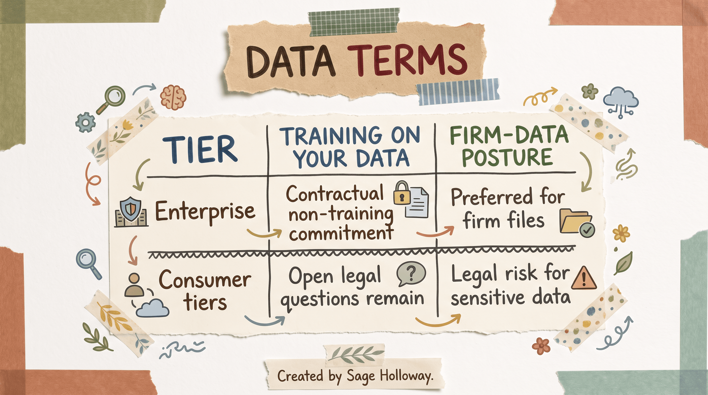 Table comparing Claude Enterprise non-training terms versus consumer-tier risk for firm financial data