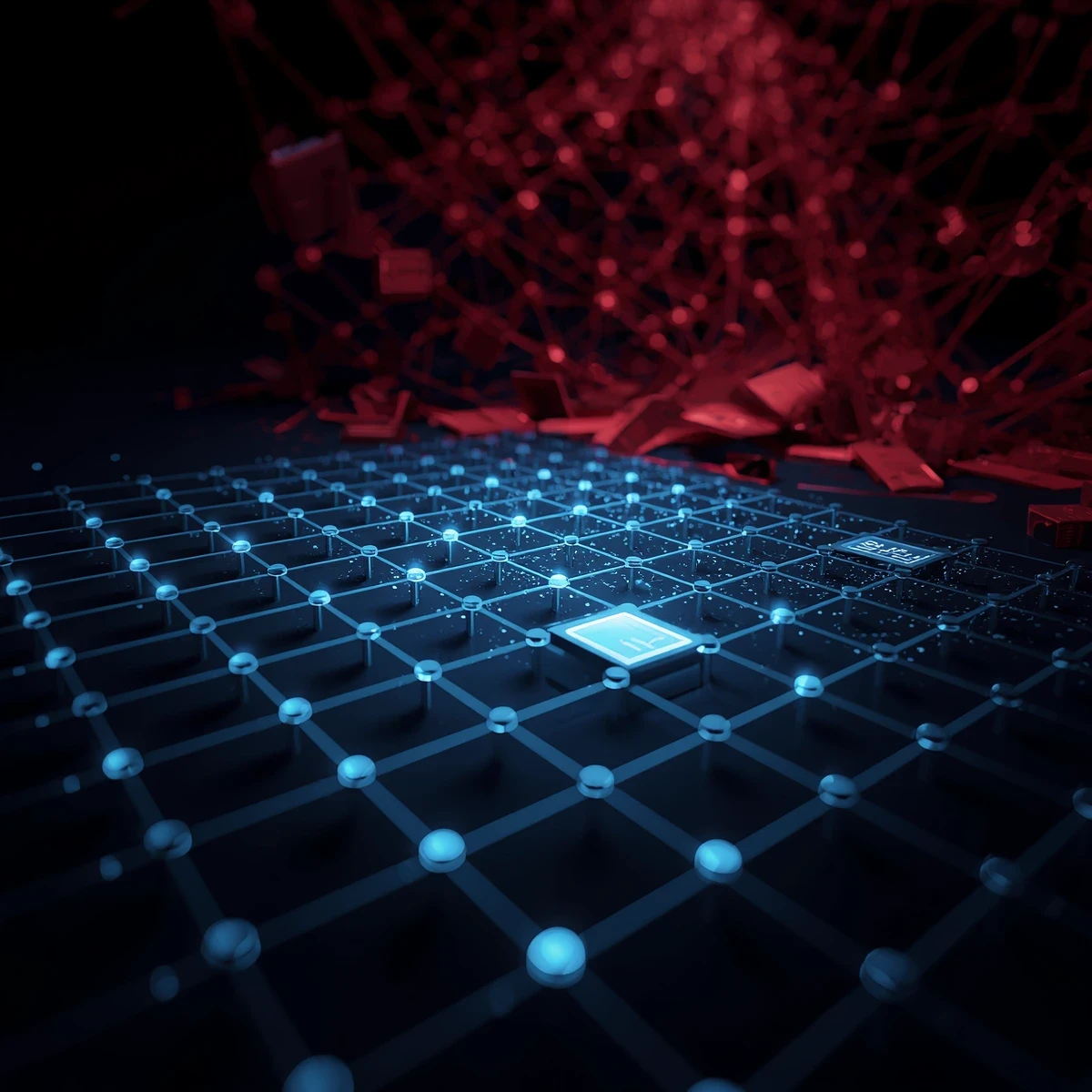 Abstract 3D visualization showing a rigid, algorithmic Trade Coverage Plan securing retail execution against schedule fragmentation.