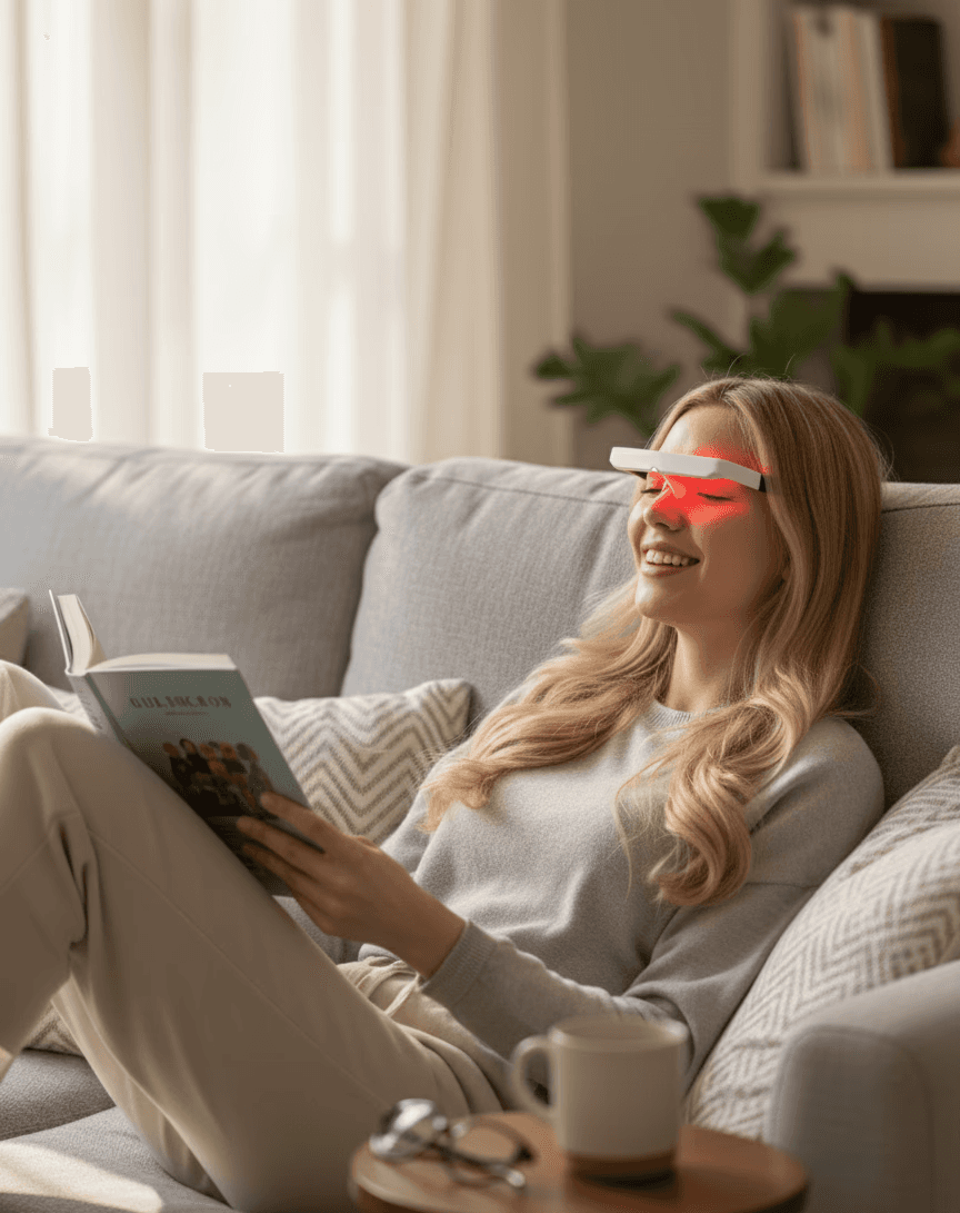A model wearing Lumofield Glasses while reading a book on a sofa.