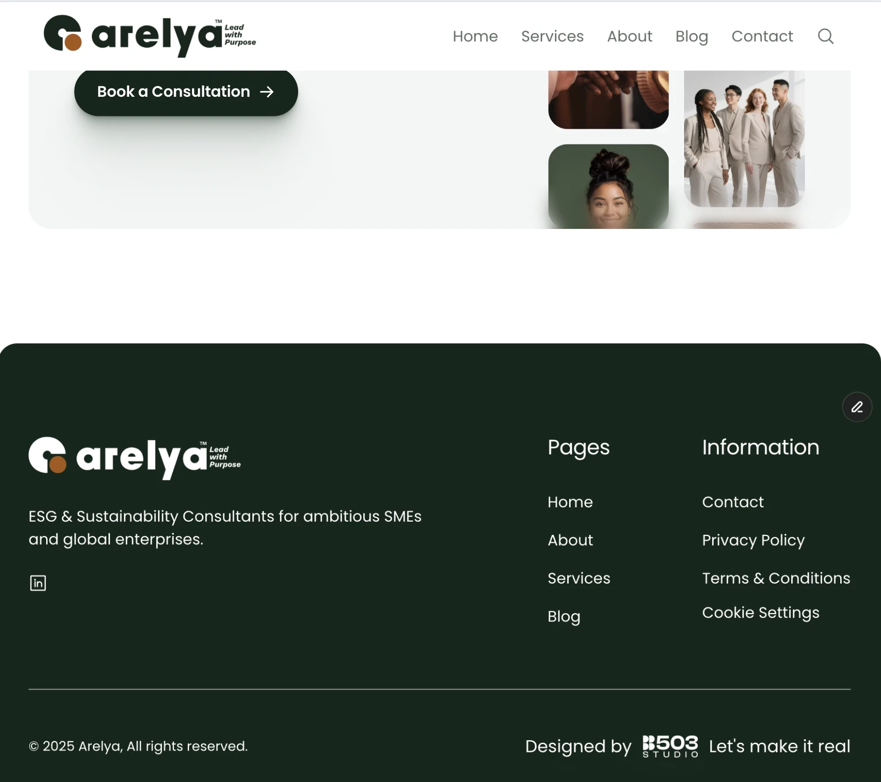 Pied de page du site Arelya présentant le positionnement ESG, les liens de navigation et la signature Designed by B503 Studio
