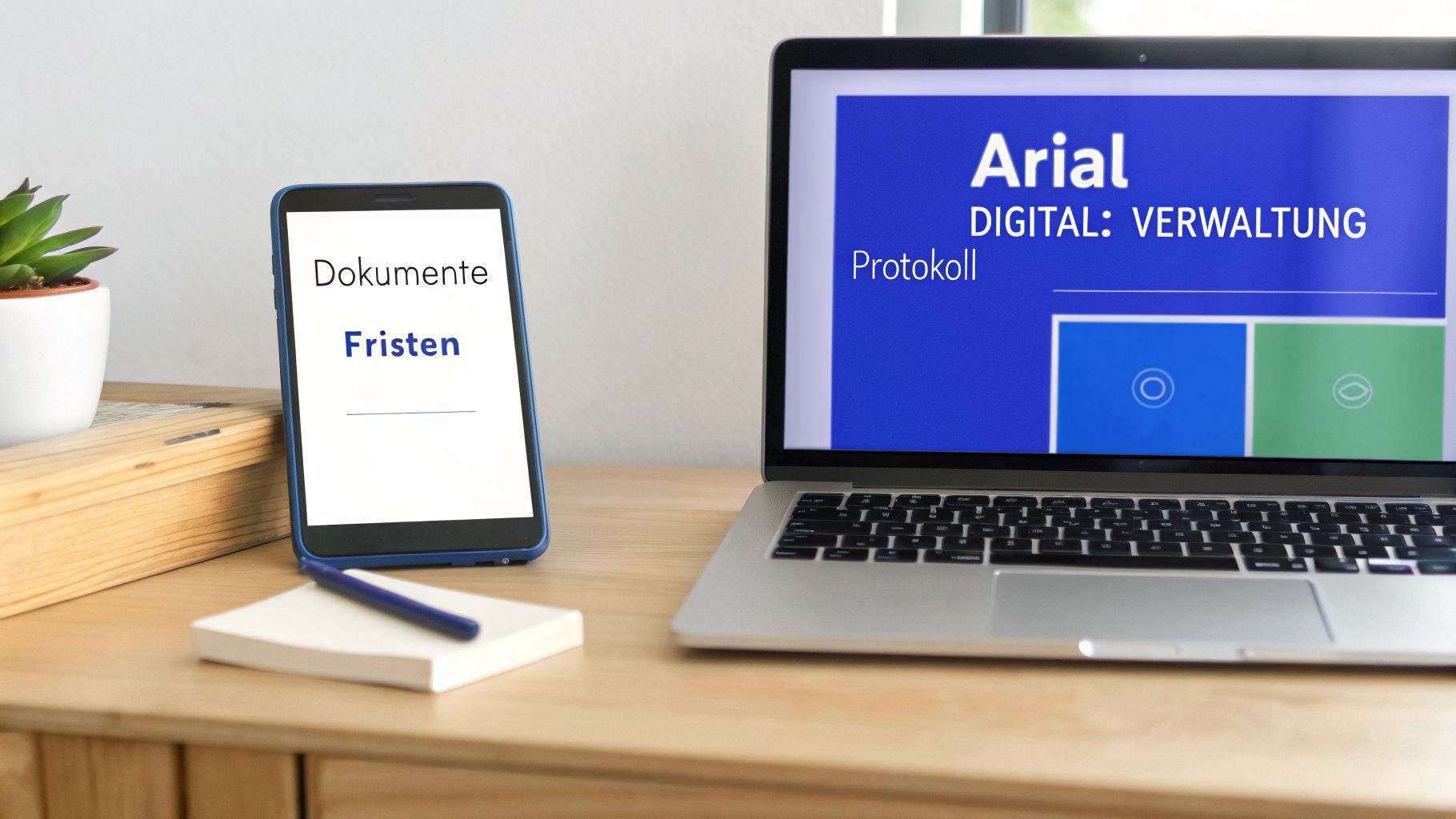 Smartphone und Laptop auf einem Schreibtisch, zeigen digitale Dokumentenverwaltung und Fristenübersicht.