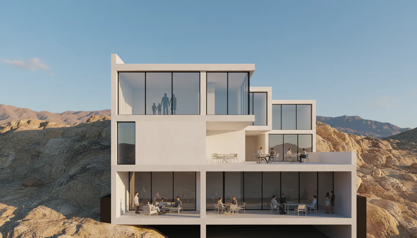 Architectural 3D render of a modern multi-level housing complex in the style of a SketchUp visualization, built into a rocky hillside. A detailed cross-section view cuts through the foreground building, revealing its foundation and interior floors. The building features a design of stacked white concrete blocks with large glass windows and thin black frames. The ground floor and outdoor patio are populated with photorealistic people, while the upper floor shows black silhouettes of a family. The scene is bathed in warm, golden hour sunlight, casting soft shadows, with sun-kissed arid mountains under a clear blue sky in the background.