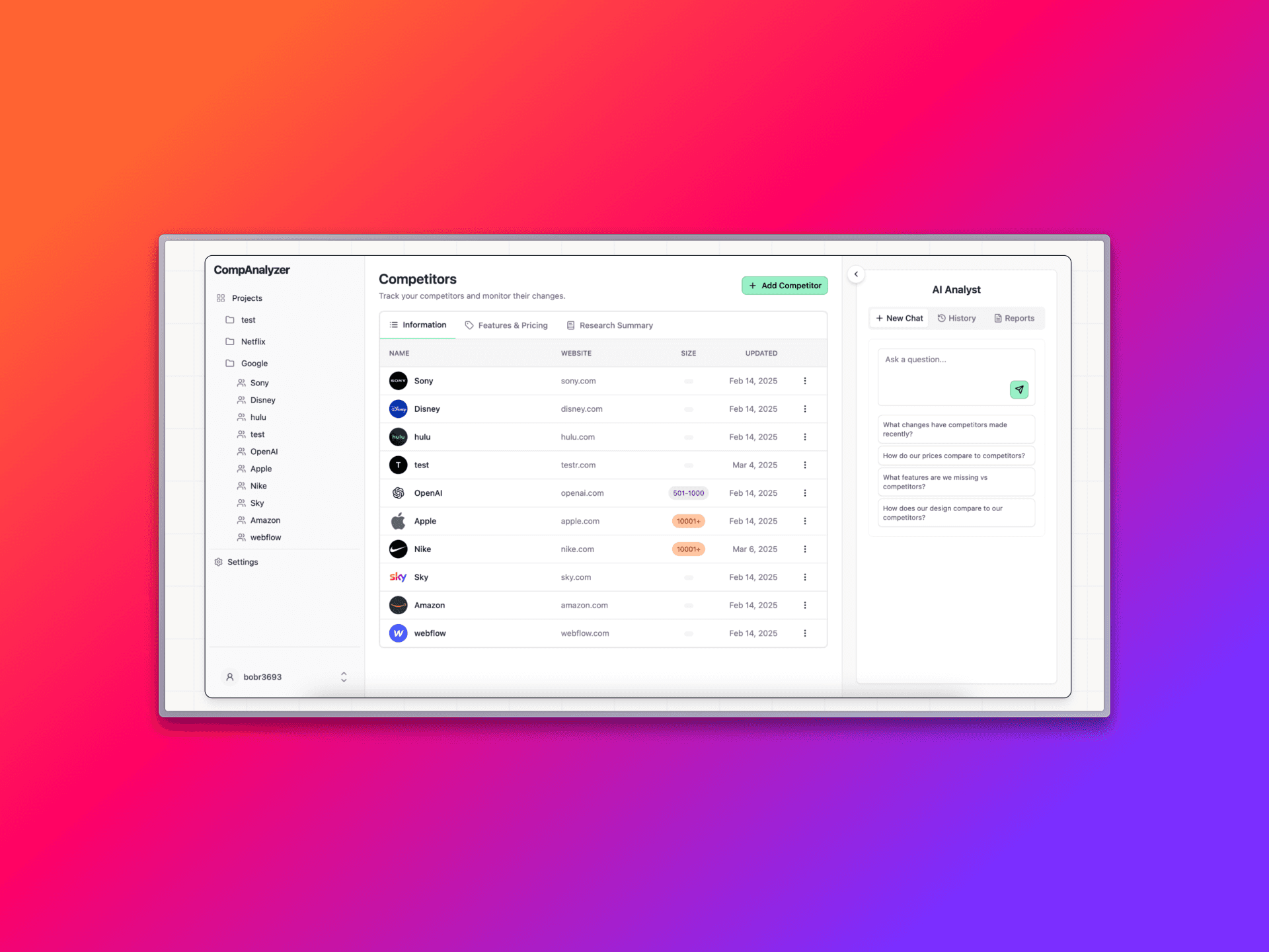 AI competitor research assistant