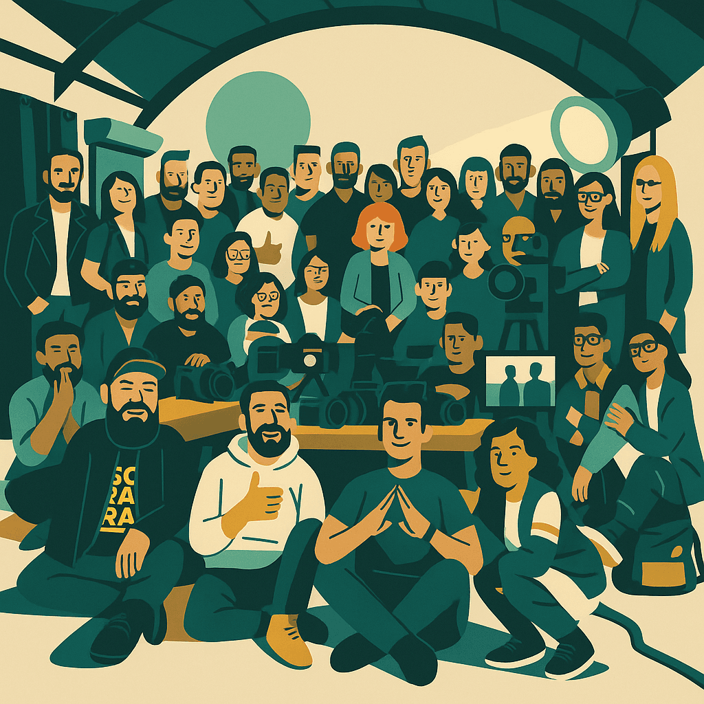 Un grande gruppo di giovani professionisti e creativi riuniti in uno spazio industriale moderno, simbolo di collaborazione, crescita e formazione condivisa.