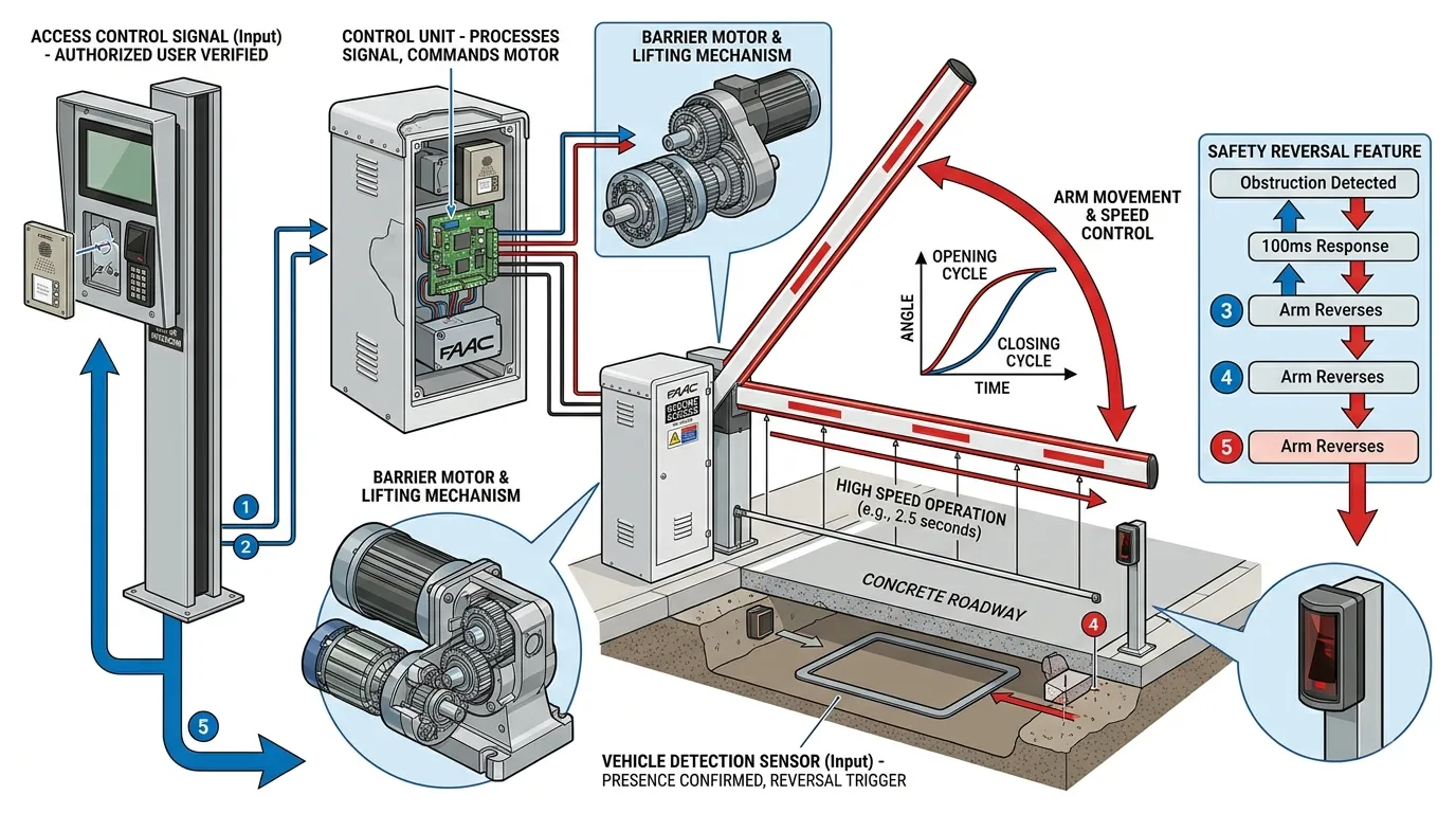 Diagram showing how an automatic barrier gate system operates