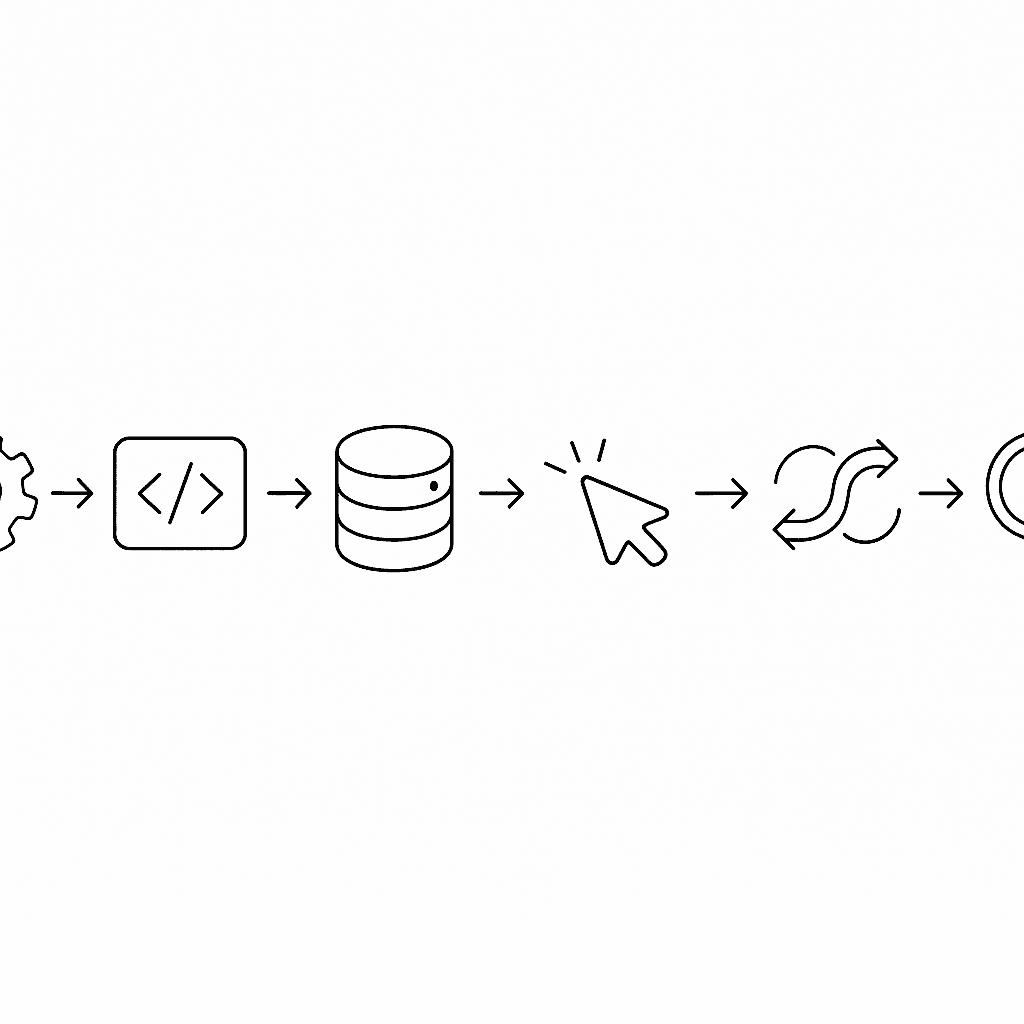 Sequential icon flow depicting the steps in a Meta Conversions API testing workflow