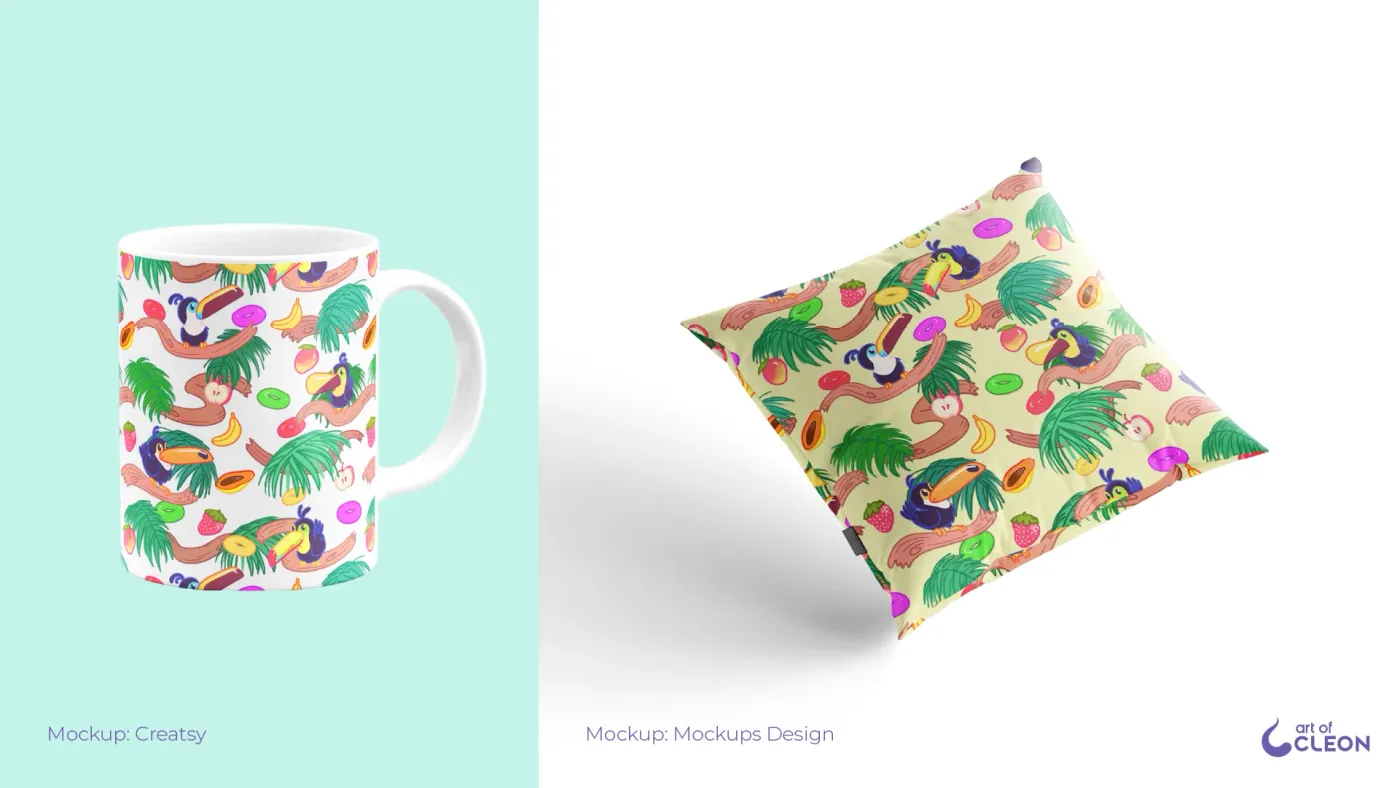 Split mockup showing the white-ground pattern wrapped around a white mug on turquoise and the pale-yellow version covering a square cushion against white.