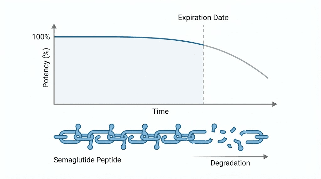 Semaglutide peptide degradation timeline showing potency loss after expiration date