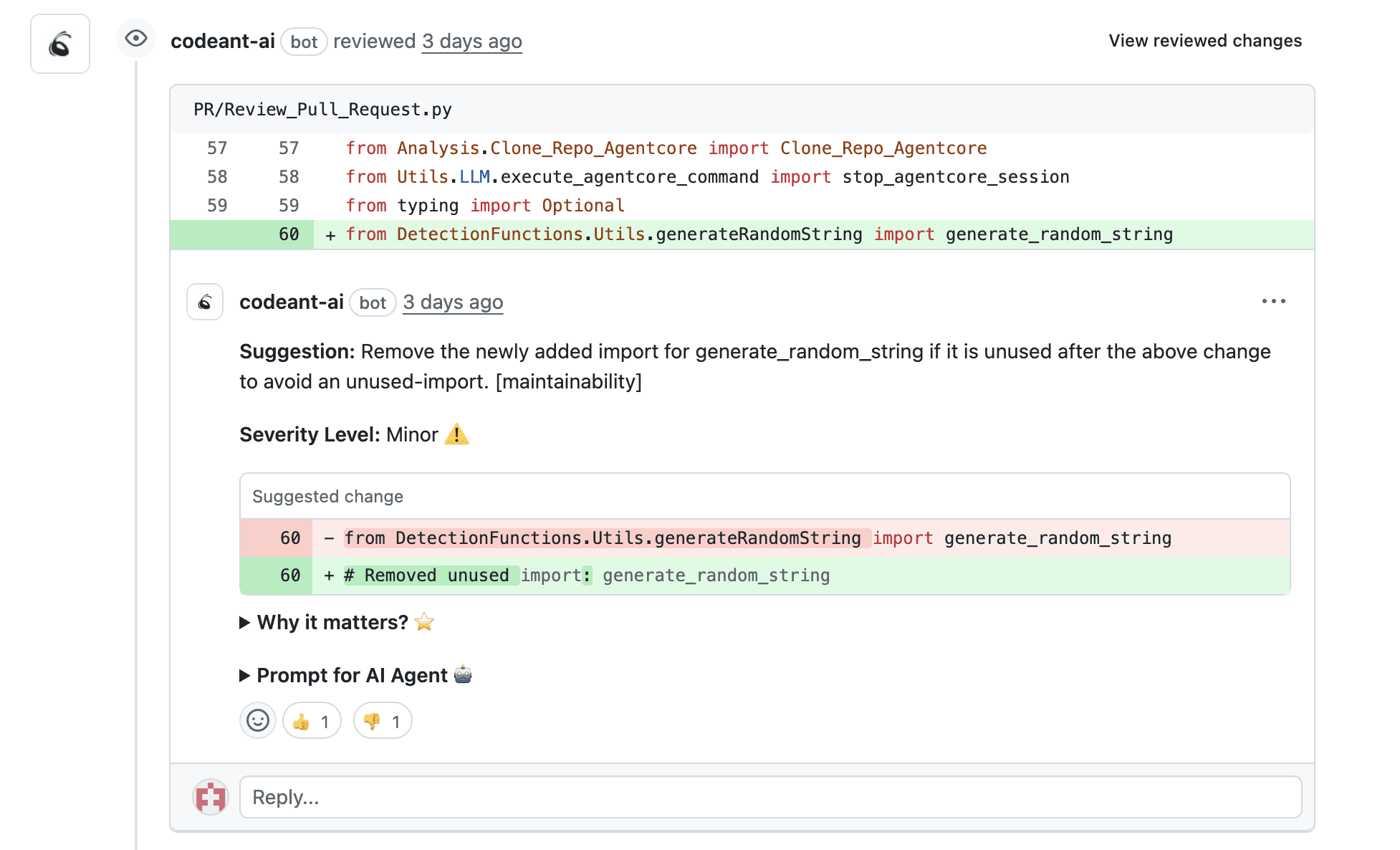 CodeAnt AI suggests concrete code changes that [X] can accept with one click, cleaning up the diff without a back-and-forth of nitpicks.