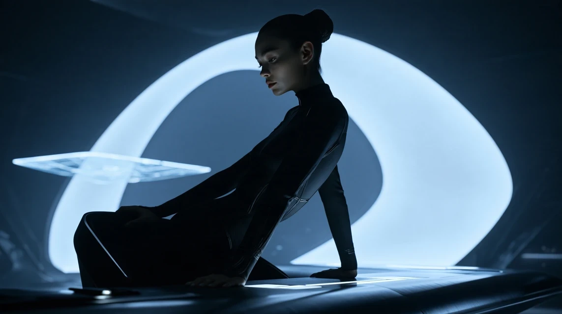 Woman rising from a desk in a futuristic workspace