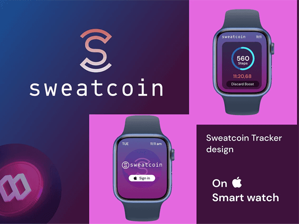 Sweatcoin app interface displayed on an Apple smartwatch, showing a step tracker with 560 steps and a 'Discard Boost' option. The design is showcased alongside the Sweatcoin logo, emphasizing fitness tracking and rewards.
