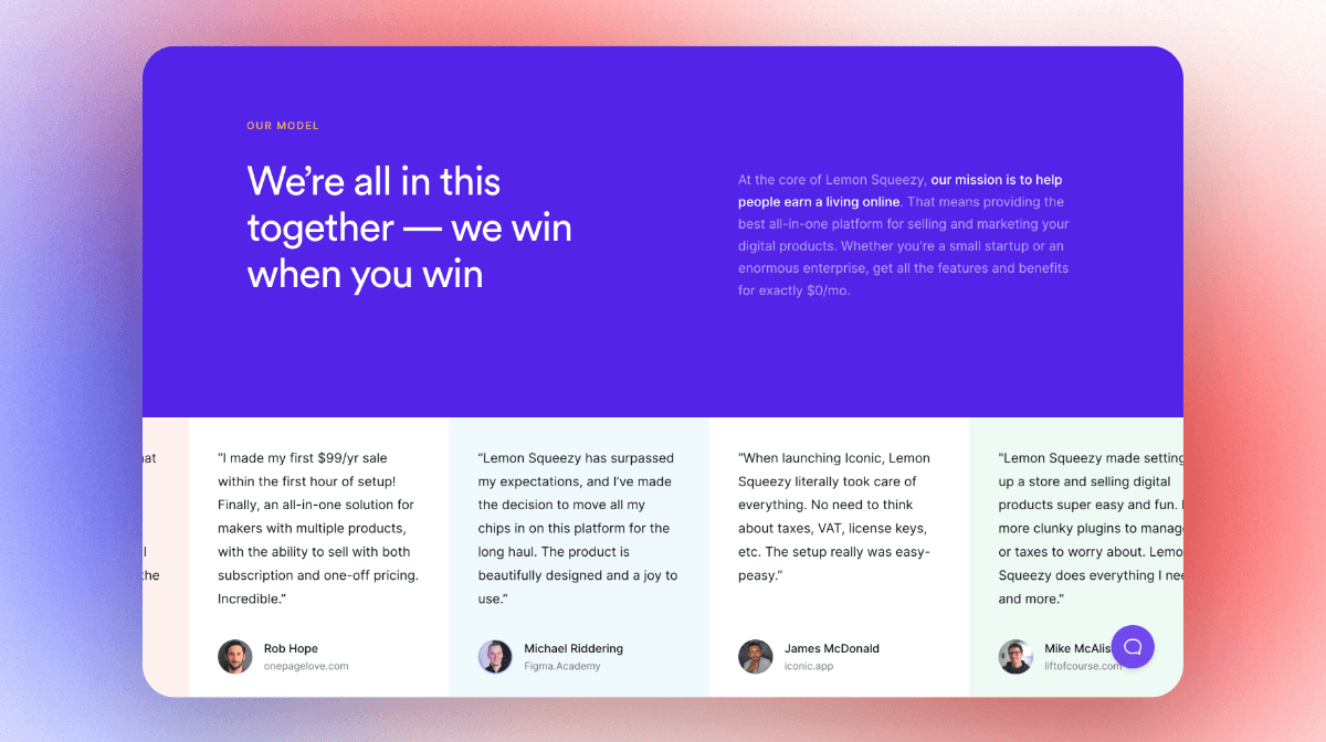Testimonials on Lemonsqueezy's pricing page