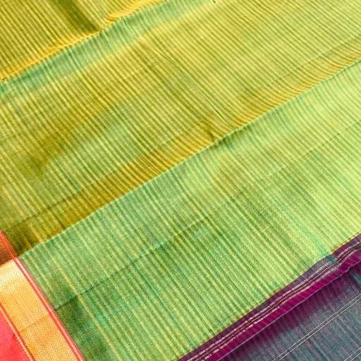 Olive Green Striped Silk Saree With Thick Zari Pink Border