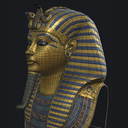 Un modello wireframe 3D di una maschera d'oro di un faraone egizio antico, con strisce blu e oro sul copricapo, su uno sfondo nero.
