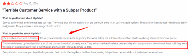 User review describing customer service issues and integration limitations experienced with Klipfolio