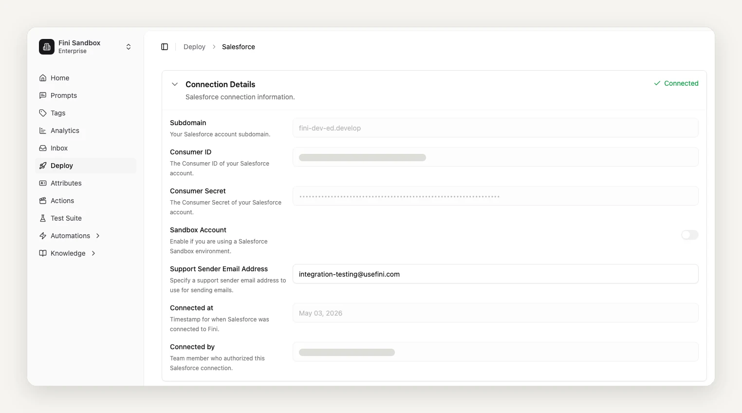 Fini dashboard, Deploy > Salesforce: the Connection Details panel marked Connected, with fields for subdomain, consumer ID and secret, sandbox toggle, support sender email, and connection date.