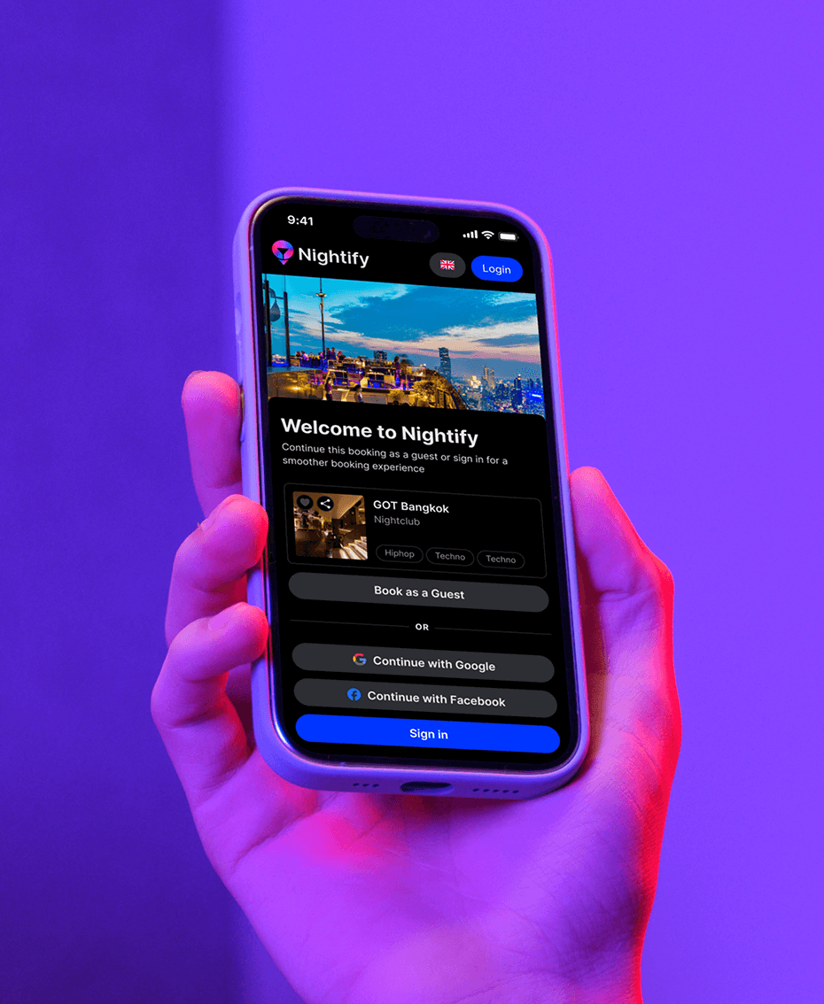 Nightify mobile landing page for guest bookings, featuring a high-quality rooftop bar hero image. The interface highlights a "Book as a Guest" call-to-action with secondary login options to ensure a frictionless user experience.
