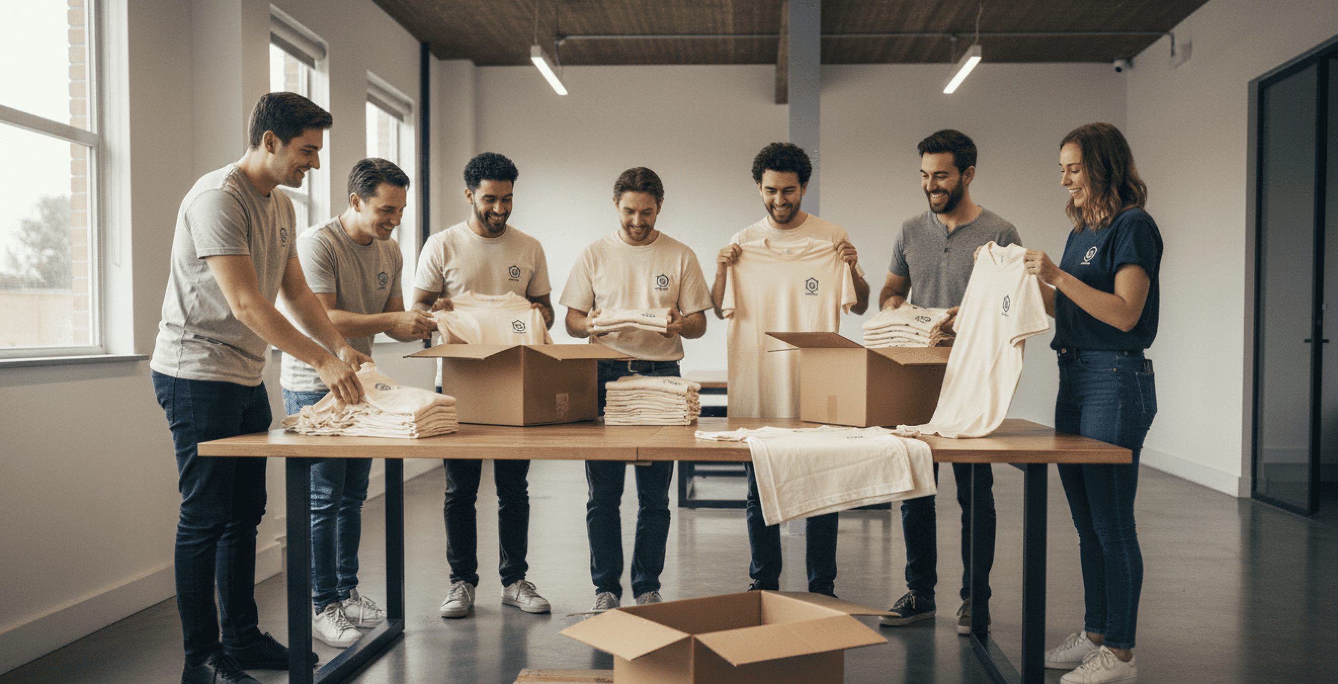 Clients opening and unboxing their giveaway t shirts while exchanging the different designs