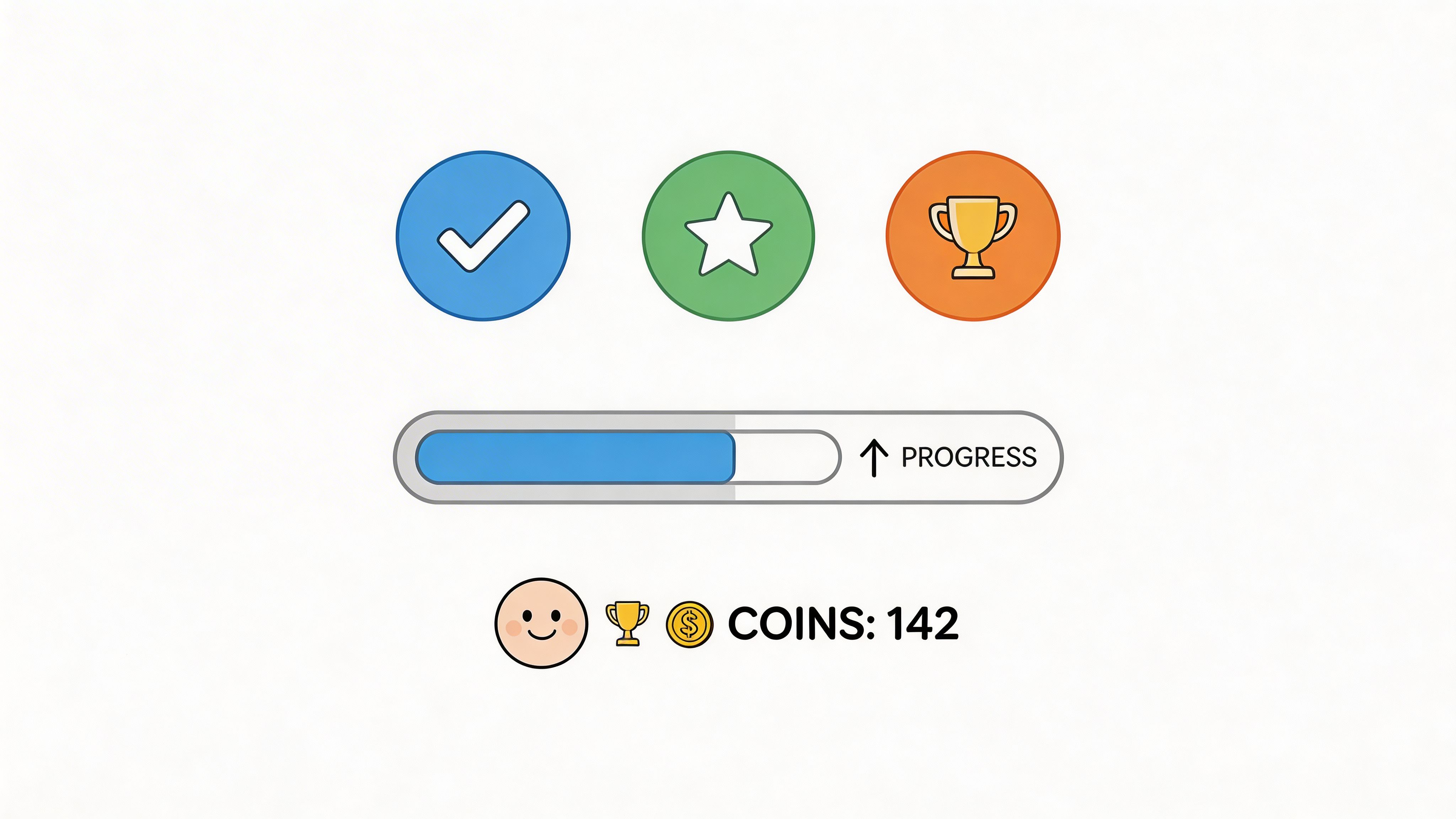 A digital graphic showing a progress bar with achievement icons and a coin total for fun at work.