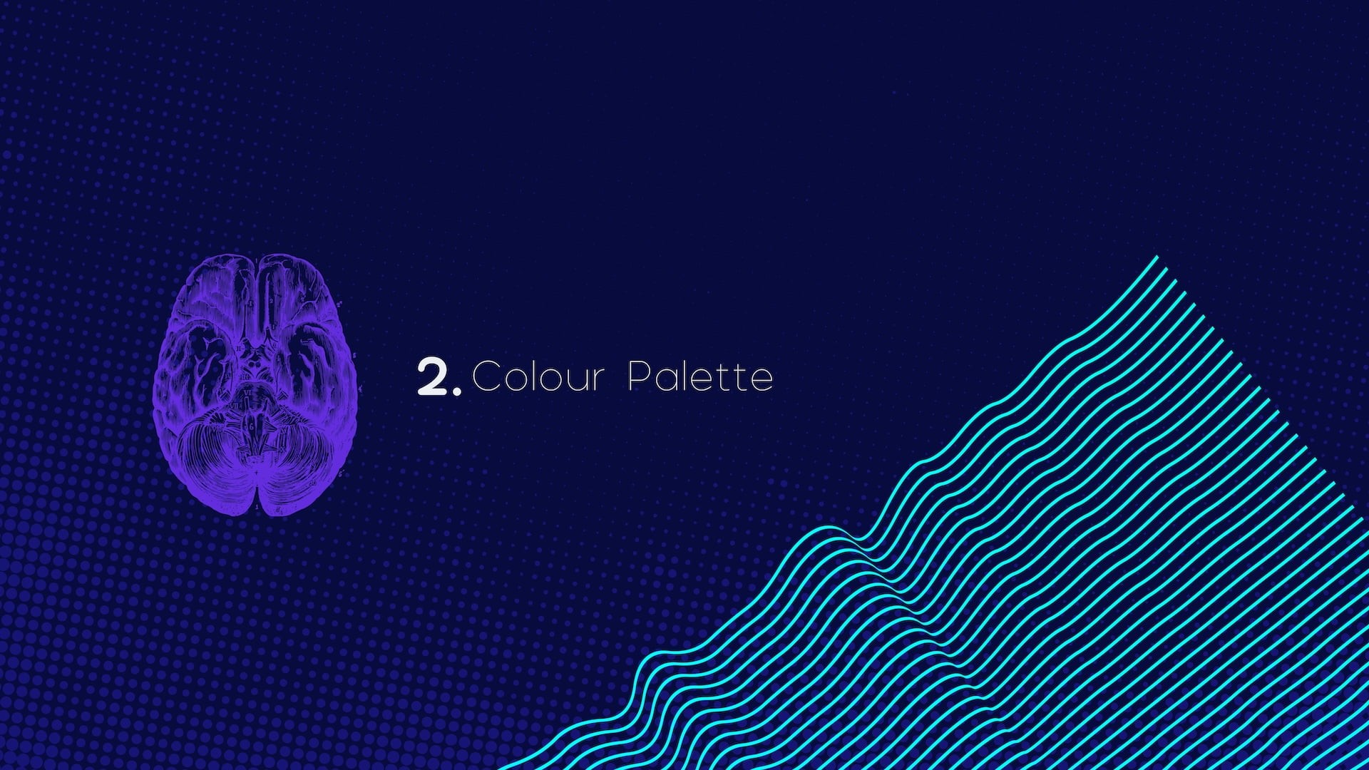 Neurolix AI brand guide section divider for "Colour Palette" featuring purple anatomical brain top-view illustration and cyan wave line graphic pattern on dark navy blue background.