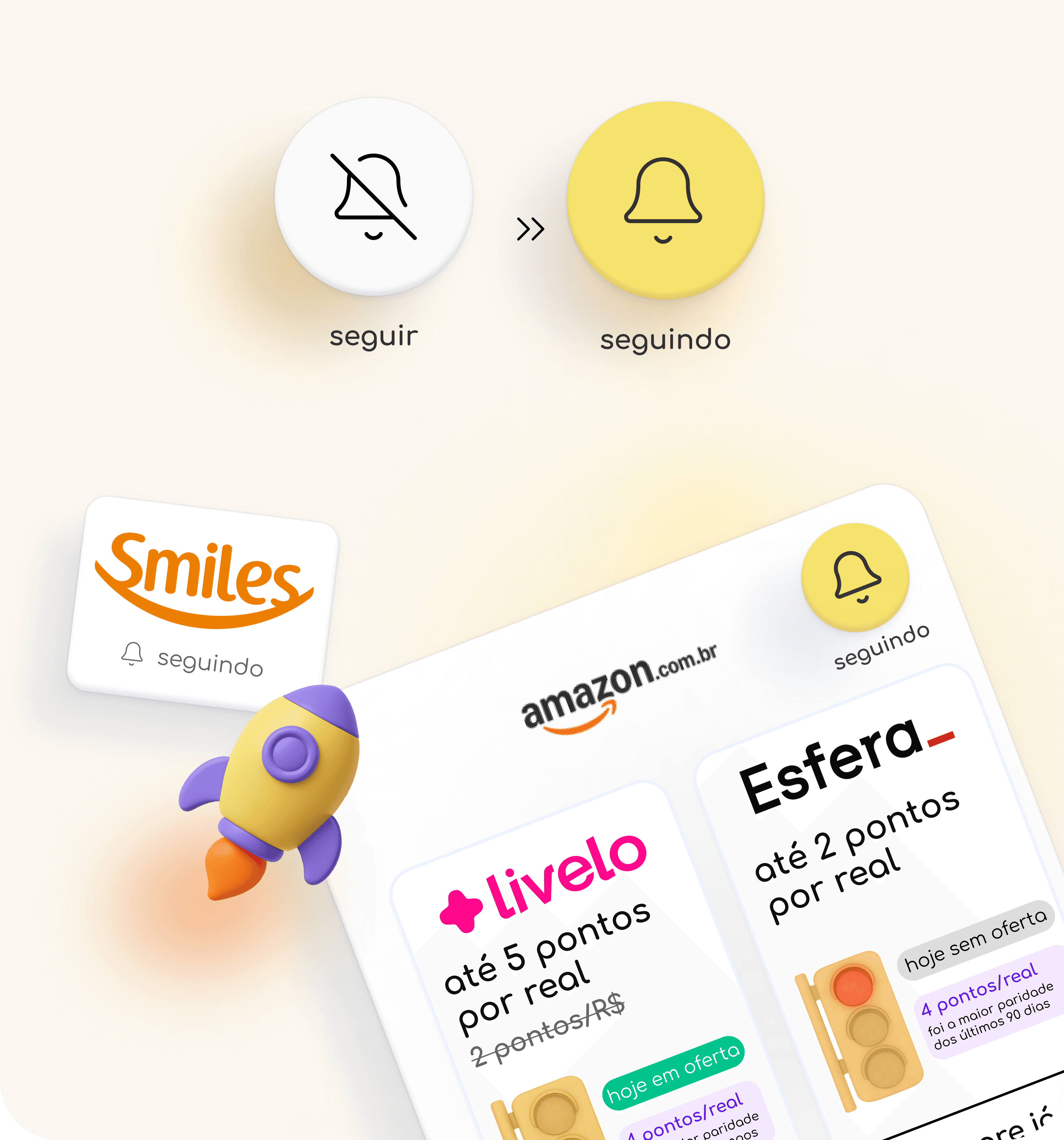 Tela do app AceleraPontos em um smartphone mostrando o acompanhamento de lojas e programas, com alertas ativos para promoções de pontos e milhas.