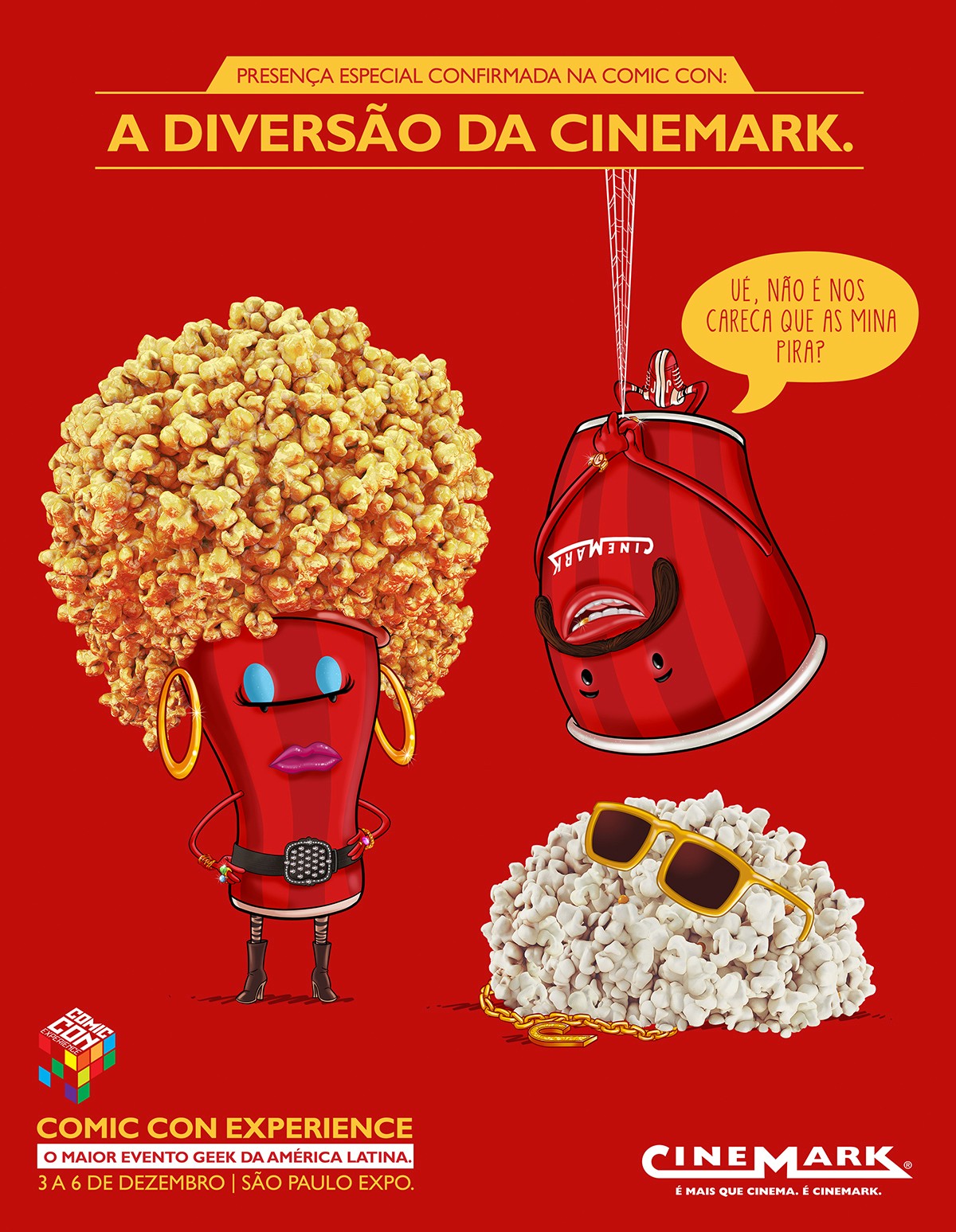 MC Popcorn, Cinemark’s mascot, interacts with another character while recreating the upside-down kiss scene from Spider-Man.