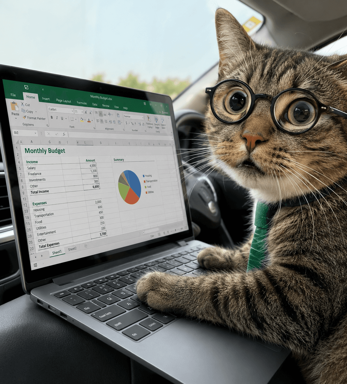 cat in glasses sitting with laptop opened, excel table opened on laptop screen