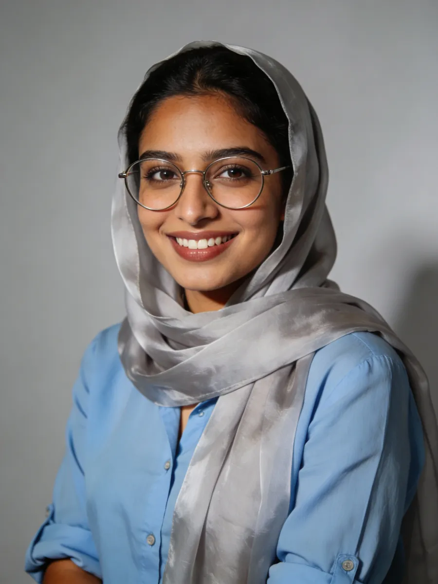 Portrait of a smiling woman wearing glasses, a light scarf, and a blue shirt, set against a neutral background.