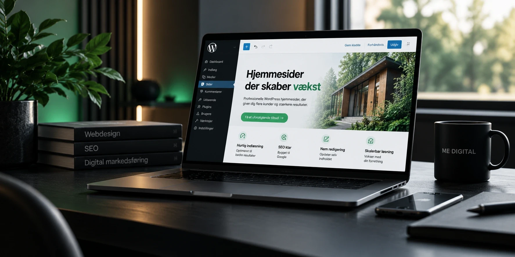 WordPress hjemmeside vist på laptop med moderne webdesign og brugervenligt kontrolpanel