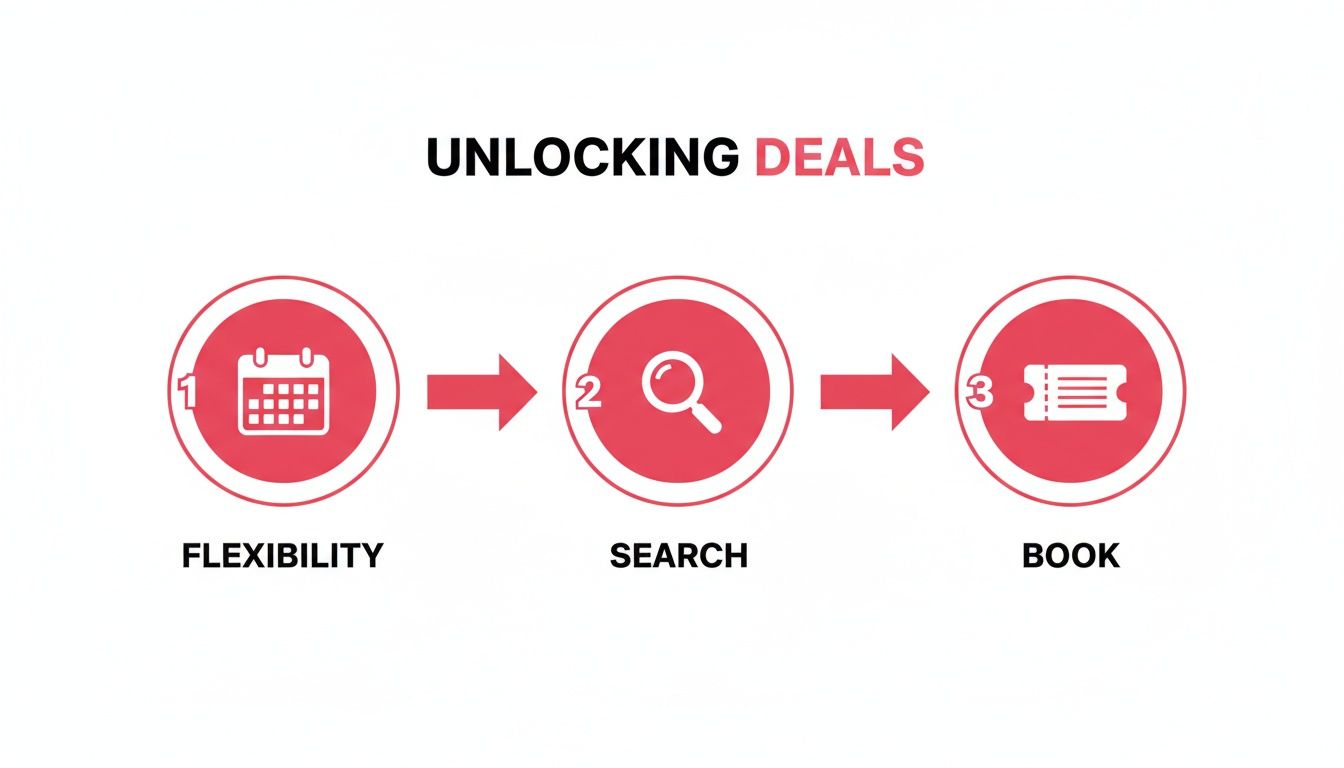 A three-step process diagram detailing how to unlock travel deals: Flexibility, Search, and Book.