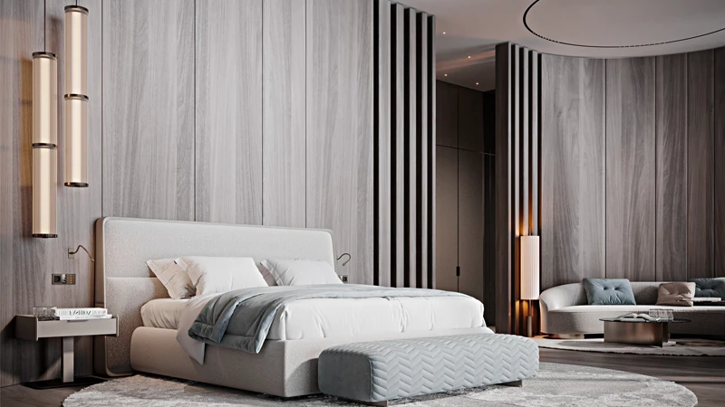 Sophisticated master bedroom at Ava Palm Jumeirah with wood paneling and minimalist design.