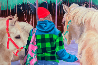 paintin of the back of a woman between two horses, petting one of them