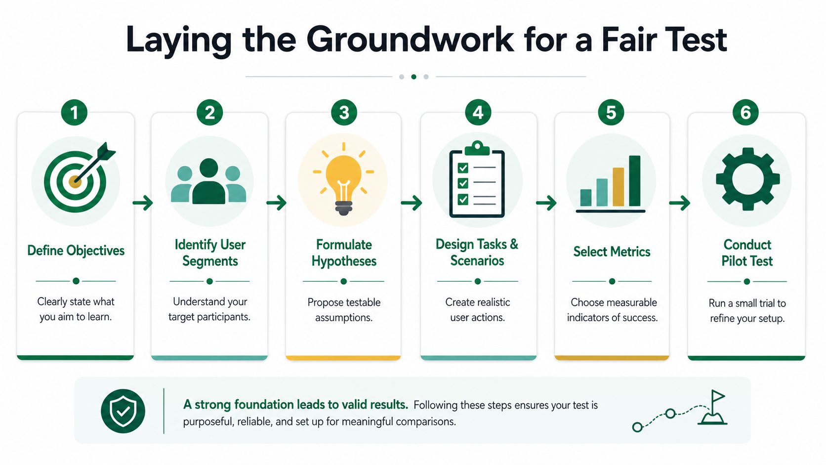 A six-step infographic detailing the process of laying the groundwork for a fair user experience test.