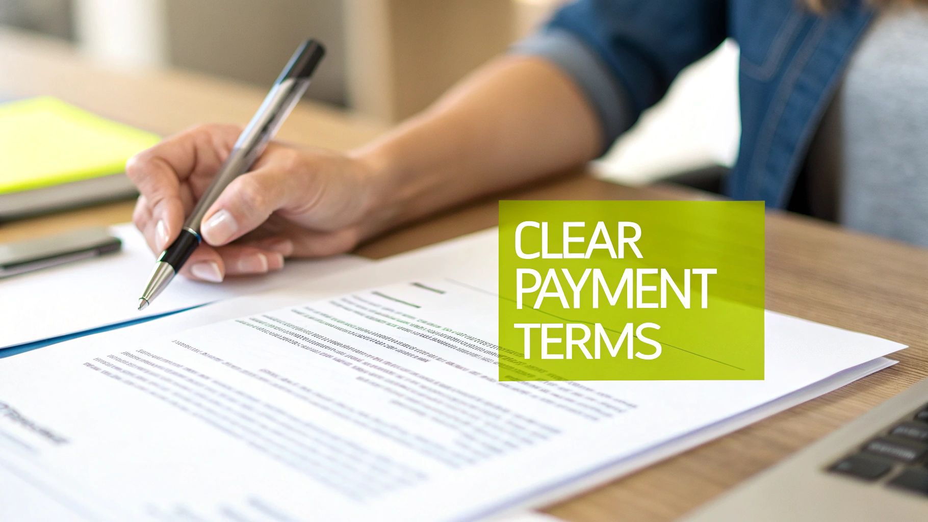 A hand writes on a document with a green overlay stating 'CLEAR PAYMENT TERMS'.